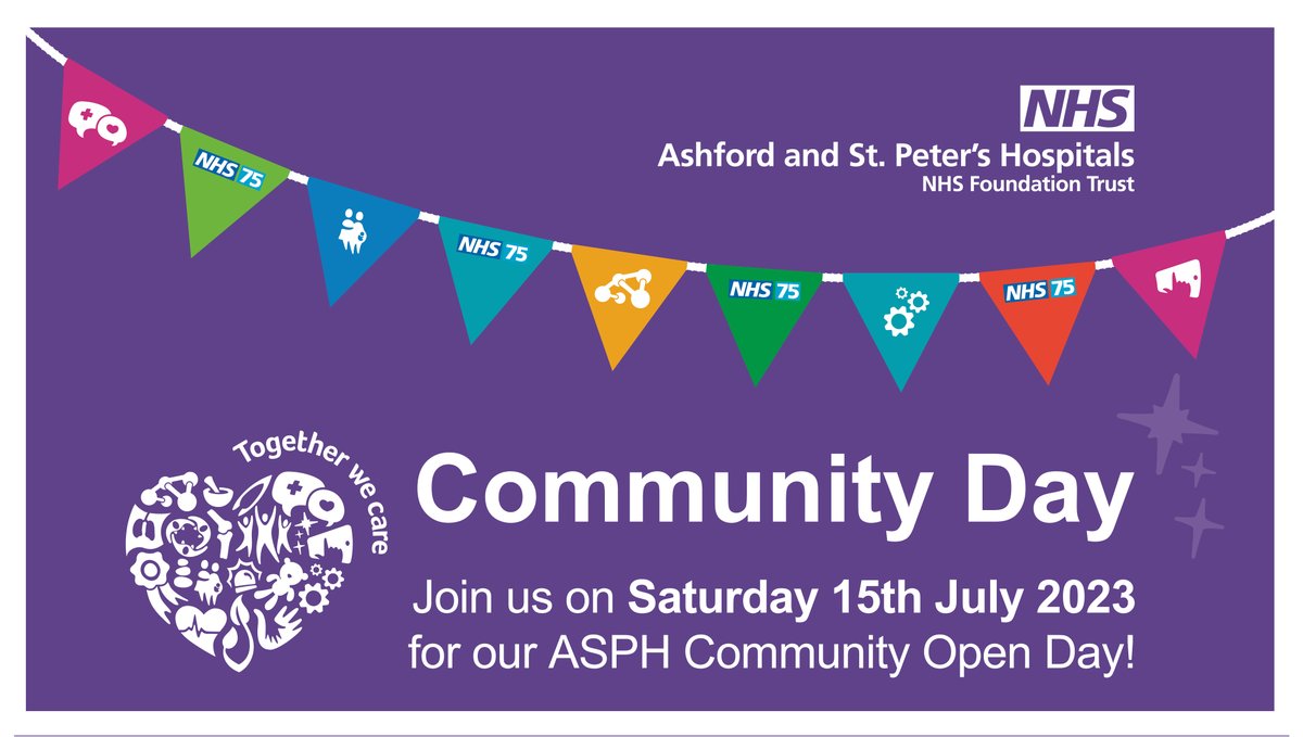 On Saturday 15 July we are opening our doors across both St Peter's and Ashford Hospital sites for our Community Open Day! 

There’ll be a great range of activities throughout the day for all ages. 

Find out more about the Open Day here: ashfordstpeters.nhs.uk/communityday20…