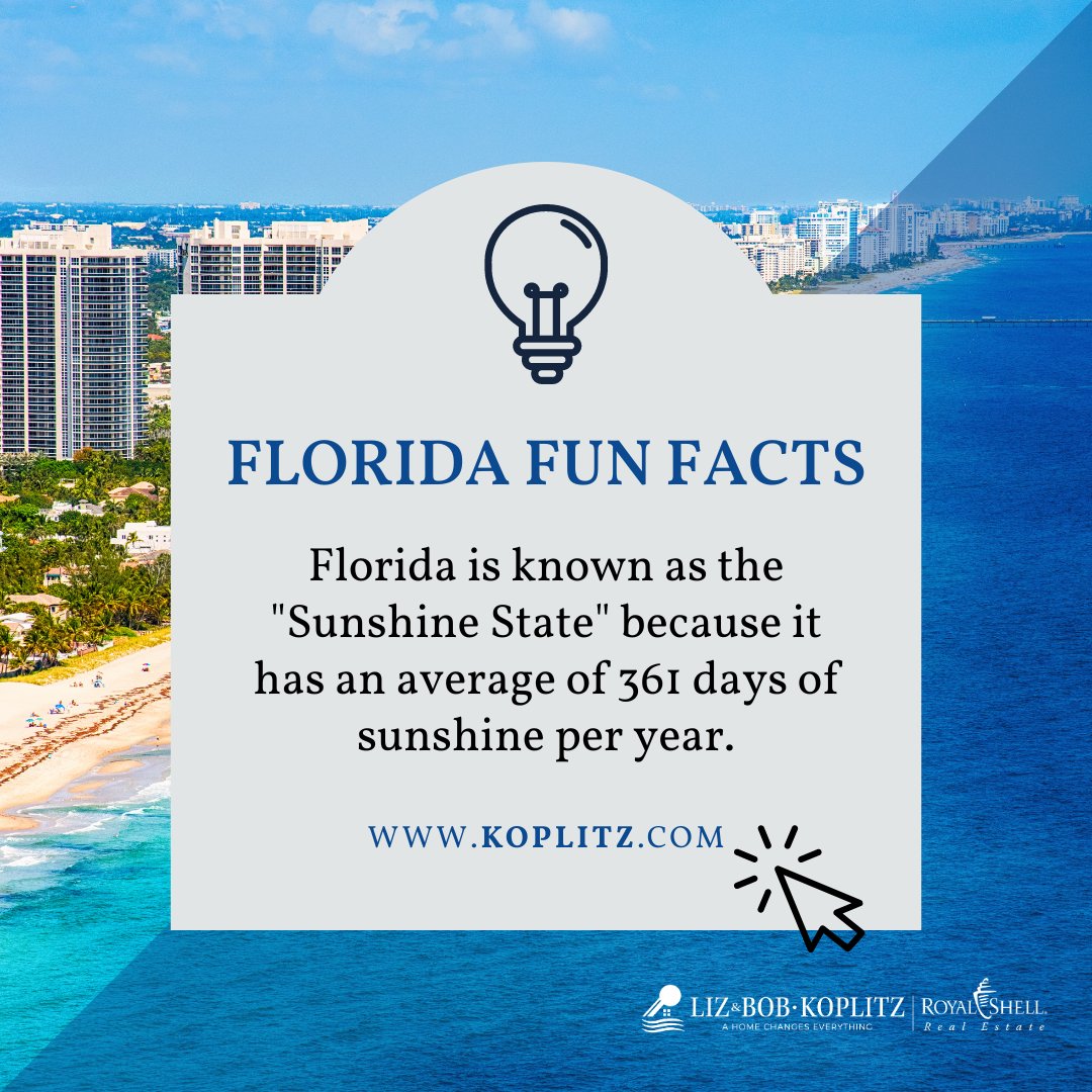 LizKoplitz's tweet photo. ☀️ With an average of 361 days of sunshine per year, Florida offers a lot of opportunities for outdoor activities and enjoyment of the natural environment.

Let's make your dream of living in the Sunshine State a reality. 📲 Contact me today to start your journey in Florida! https://t.co/0TZz3uUTqx