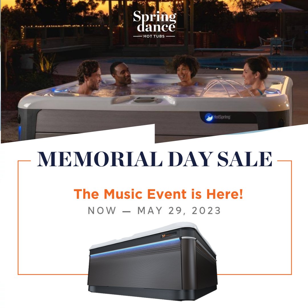The Memorial Day sale is ON at all Spring Dance Hot Tubs locations! Get great deals through May 29th.

Kick off the best summer yet with a new hot tub in your backyard. See our website for details and stop into one of our showrooms! 

springdancehottubs.com/memorialday