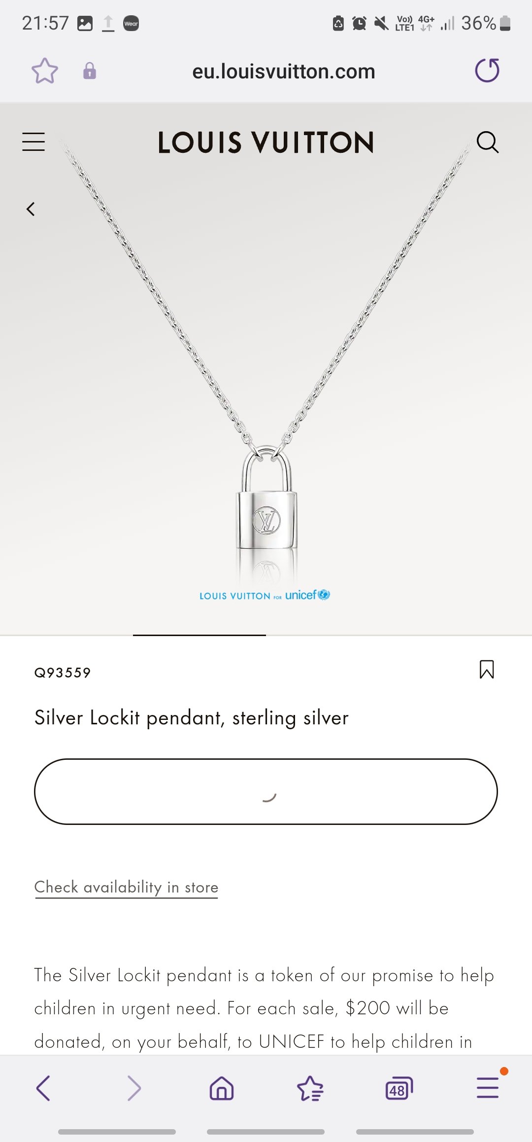 Lv Silver Lockit Pendant Sterling Silver