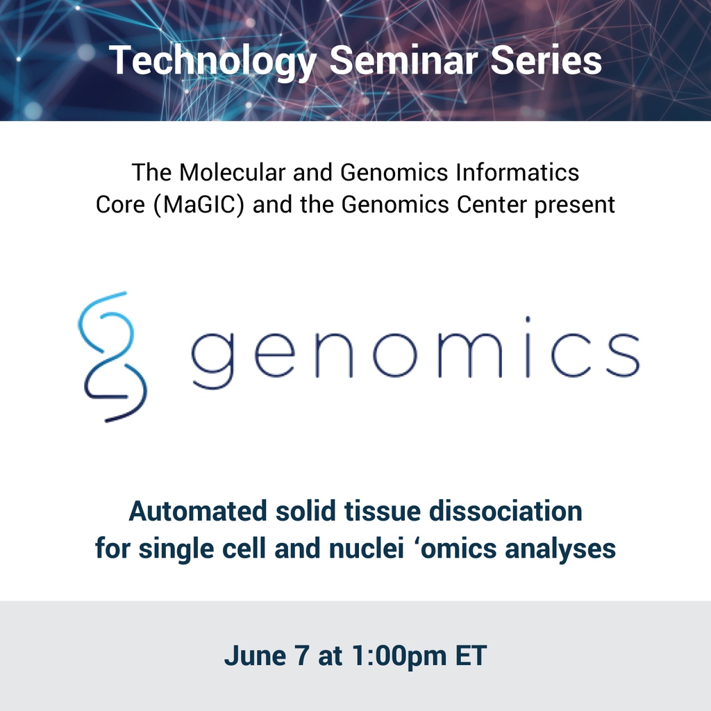 MaGIC_analytics's tweet photo. Join us for our next virtual Technology Seminar when @S2Genomics shares their tissue dissociation for scRNA! Register: https://t.co/rybn718DkH. Got Qs for S2? Put them in the comments and we'll answer them live!👇 #sciencetwitter #bioinformatics #genomics https://t.co/EkI4JyMumK