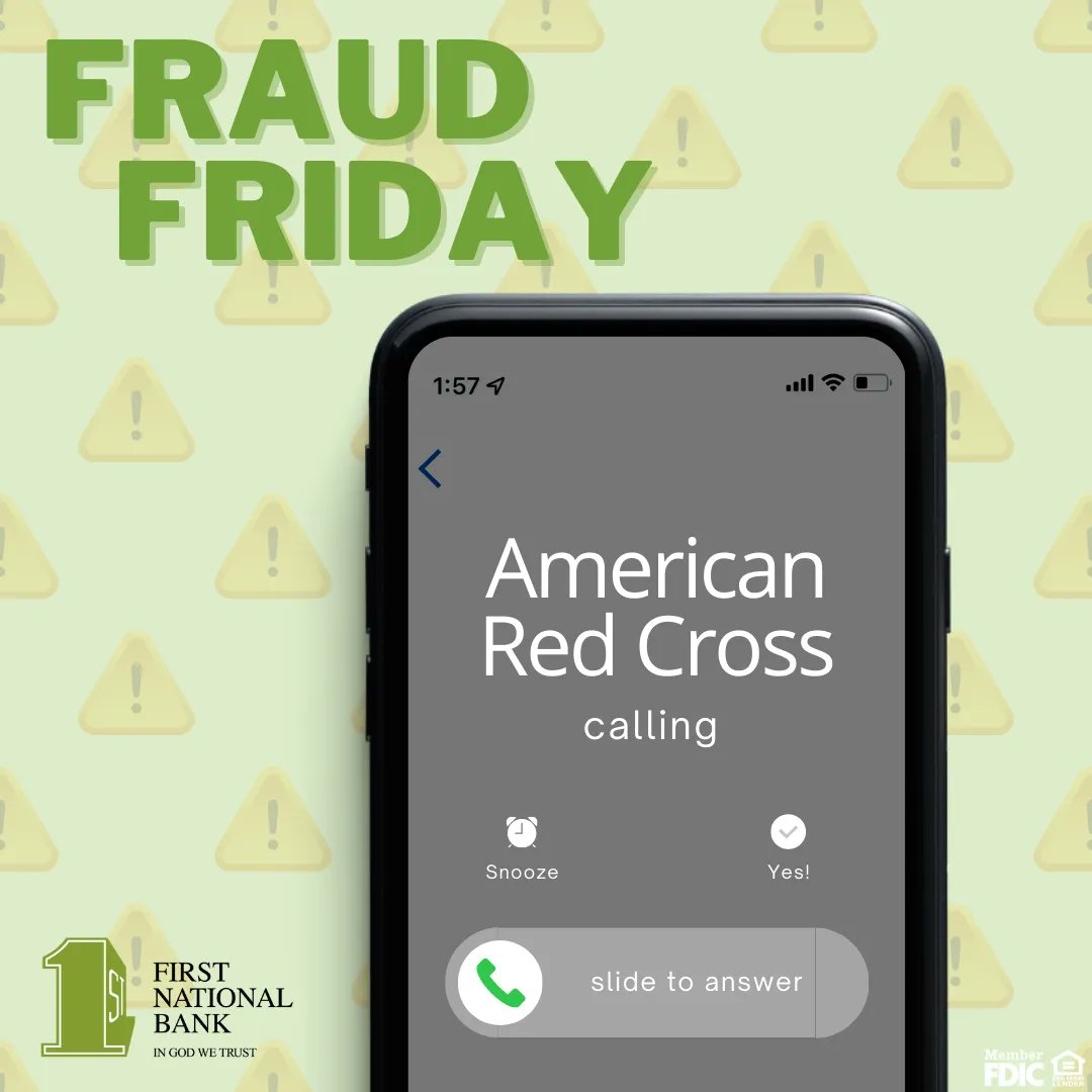 FirstNationalBk's tweet photo. Scams requesting donations are especially common over the phone, as well as by email and texts. Taxpayers should never feel pressured to give immediately, and they should look to recognized, established charities to help victims.
.
.
.
#FraudFriday https://t.co/SIgGU4394e
