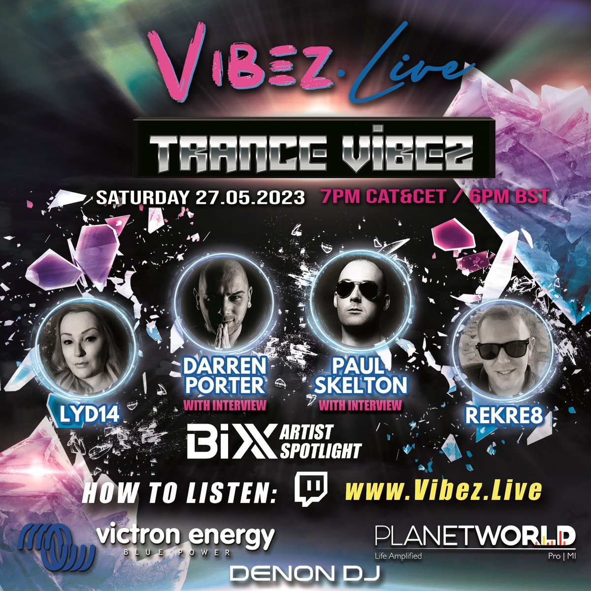 VibezLiveSA's tweet photo. Join us this Saturday 27 May 2023 for Trance Vibez on https://t.co/BtA0VLPlHp from 7pm CAT & CAT/6pm UK
This week:
@Darren_Porter @keithlfc8 LYD14 @skelton_music @BiXXAudio
#DarrenPorter #LYD14 #PaulSkelton #Rekre8 #BiXXArtistSpotlight #Trance #TranceFamily #TranceMusic https://t.co/ONFulhhpIi