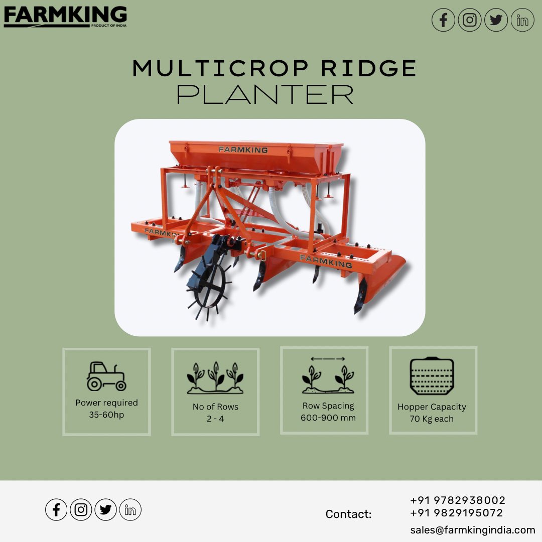 FarmkingIndia's tweet photo. Multi-crop Ridge Planter

Sales Enquiries At:
+91 9782938002
+91 9829195072
sales@farmkingindia.com

#farm #farming #farmer #farminglife #indianfarmer #agriculture #agricultureworldwide #agro #agrolife #farmequipment #farmmachinery #manufacturing #makeinindia #farmrio #tractor https://t.co/JDZN6LuhjY