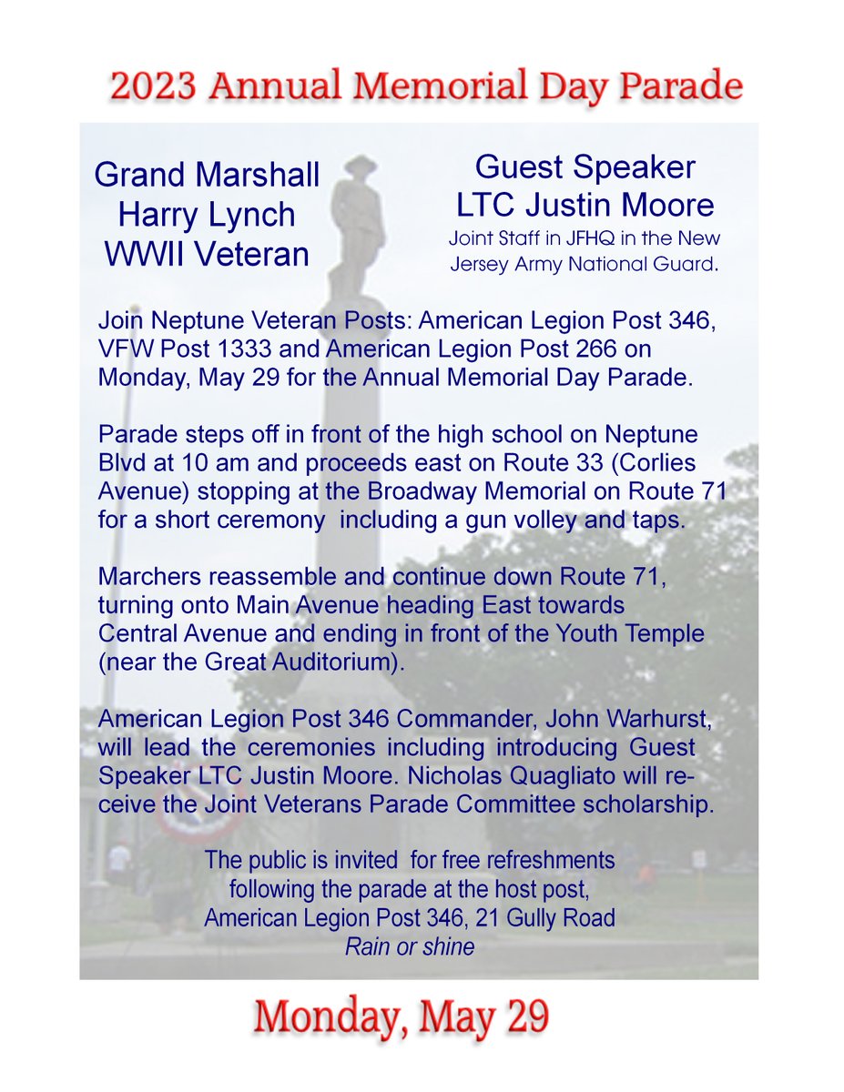 The Annual Memorial Day Parade will take place this Monday beginning at 10am.