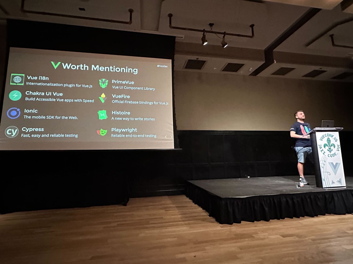 VueSchool_io's tweet image. Opening day 2 of the @vueconfus conference is the CEO of @VueSchool_io, Alex Kyriakidis! 🚀

@hootlex is taking us on a tour of the developments of Vue.js, and sharing an insight into the coolest new libraries &amp;amp; practices we’ll be excited about in 2023!

#vueconfus