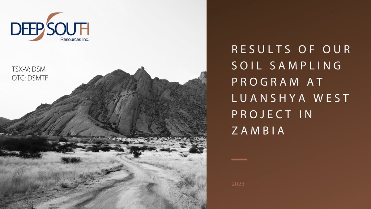 In a recent press release, we shared the initial results of our soil sampling program conducted at our Luanshya West project in Zambia. 

For the full results read the full release: deepsouthresources.com/investors/news…

$DSM.V $DSD $DSMTF

#MiningNews #Mining #Copper #Zambia #Investing