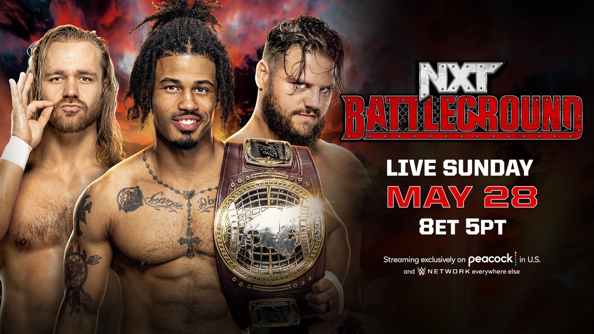 WWENXT's tweet photo. It will be every man for himself when @WesLee_WWE defends the #WWENXT North American Championship against Tyler Bate and @JoeGacy in a Triple Threat Match THIS SUNDAY at #NXTBattleground!

Tickets 🎟️: https://t.co/HG4i6hUAlZ https://t.co/r8SZ97xPSr