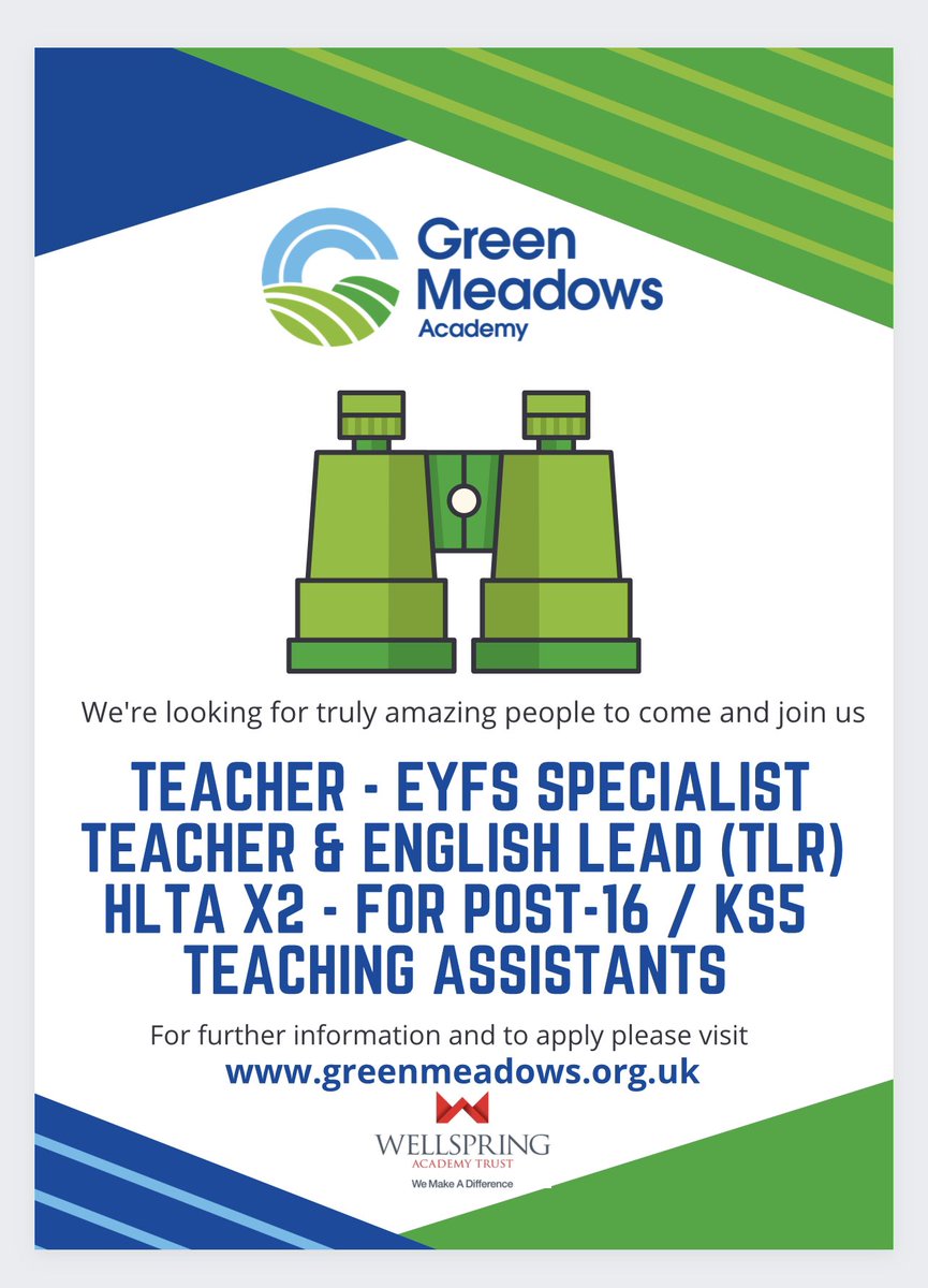 GreenMeadowsWAT's tweet photo. 🚨 We’re recruiting! 🚨 Do you want to make a difference? We are currently looking to appoint a Class Teacher (EYFS specialist), a Class Teacher &amp; English Lead (with a TLR / teaching remission), HLTAs for our Post-16 provision, and for a number of Teaching Assistants! https://t.co/riti5iMbjN