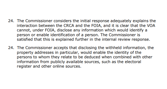 owenboswarva's tweet image. See also the ICO decision notice last year on access to VOA&apos;s UPRN/UARN lookup ico.org.uk/media/action-w… #FOI #dataprotection #addressdata

Virtually identical language, but no real analysis behind the conclusions.