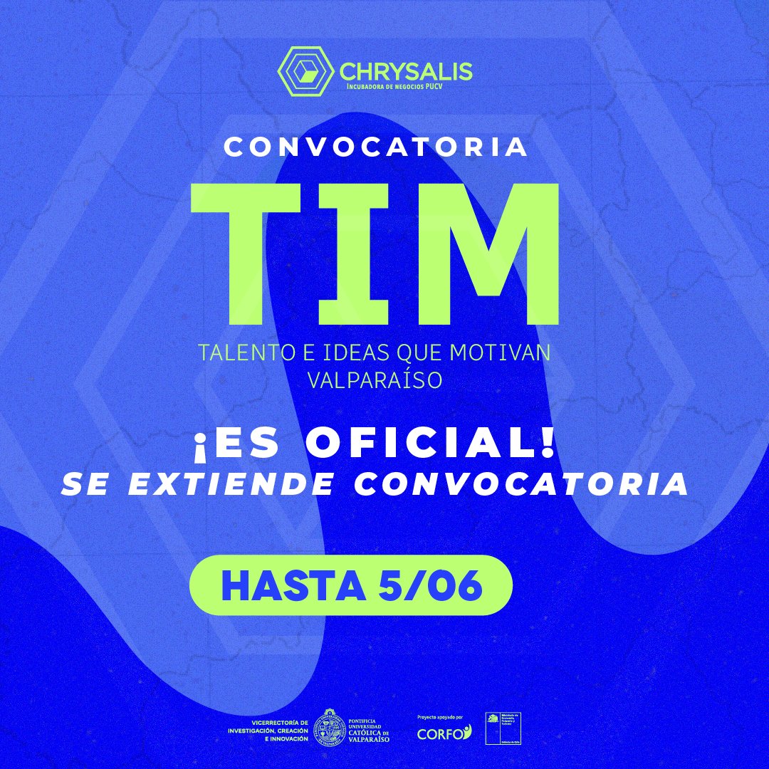 ¡Atención emprendedores y emprendedoras de la Región de Valparaíso! 📣📷  Se EXTIENDE  convocatoria. Si tienes una idea innovadora y/o tecnológica en etapa temprana, esta es tu oportunidad de llevarla al siguiente nivel con #TIMValparaíso2023.

Ingresa a: chrysalis.cl/convocatoriati…