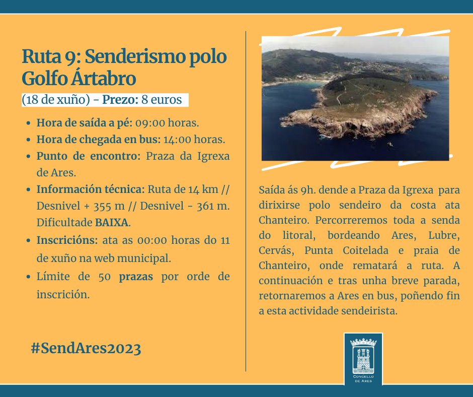 ConcellodeAres's tweet photo. ℹ️ O #SendAres pon en marcha a última ruta da tempada 22-23
➡️ O programa de sendeirismo municipal terminará cunha ruta polo #GolfoArtabro, cun percorrido pola costa dende #Ares a #Chanteiro
#ConcellodeAres #ViveoDeporteViveAres #SendAres2023
https://t.co/Hz8XuywF7Z https://t.co/REaoZJkVPF
