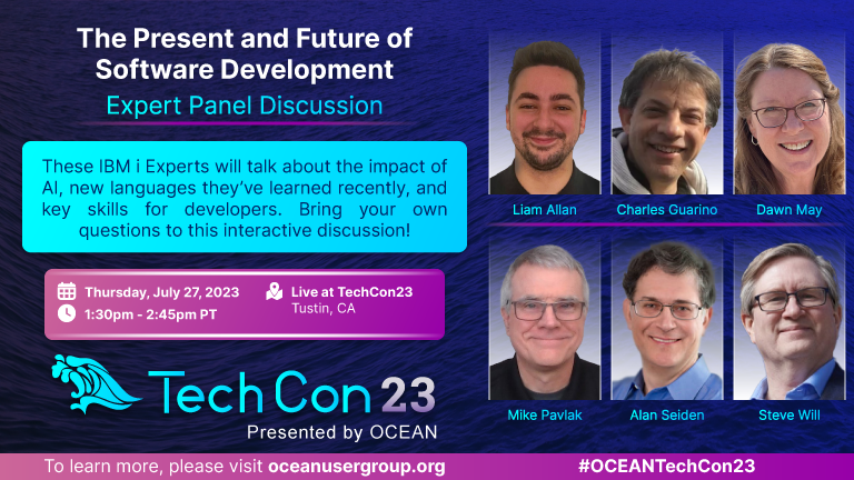 Join us at #OCEANTechCon23 for the Expert Panel moderated by <a href="/charlieguarino/">Charles Guarino</a> with panelists <a href="/notesofbarry/">Liam barry</a> <a href="/DawnMayiCan/">Dawn May</a> <a href="/MikeyPEI/">Mike Pavlak</a> <a href="/alanseiden/">Alan Seiden</a> &amp; <a href="/Steve_Will_IBMi/">Steve Will</a>! Can't wait to hear what these thought leaders think about all things #IBMi! Details at: oceanusergroup.org