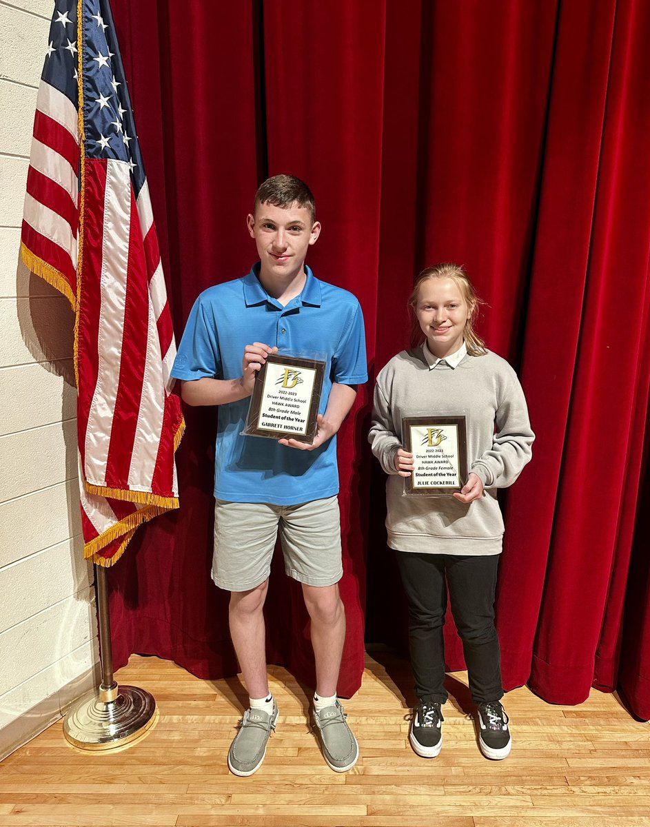 Driver_MS_Hawks's tweet photo. This year we created a new award that will hopefully become a tradition at DMS.. the Hawk Award! 

Congratulations to Garrett Horner and Julie Cockerill for being the first recipients of this award, and thank you for being great role models at DMS! https://t.co/Iwl2gaG2Rw