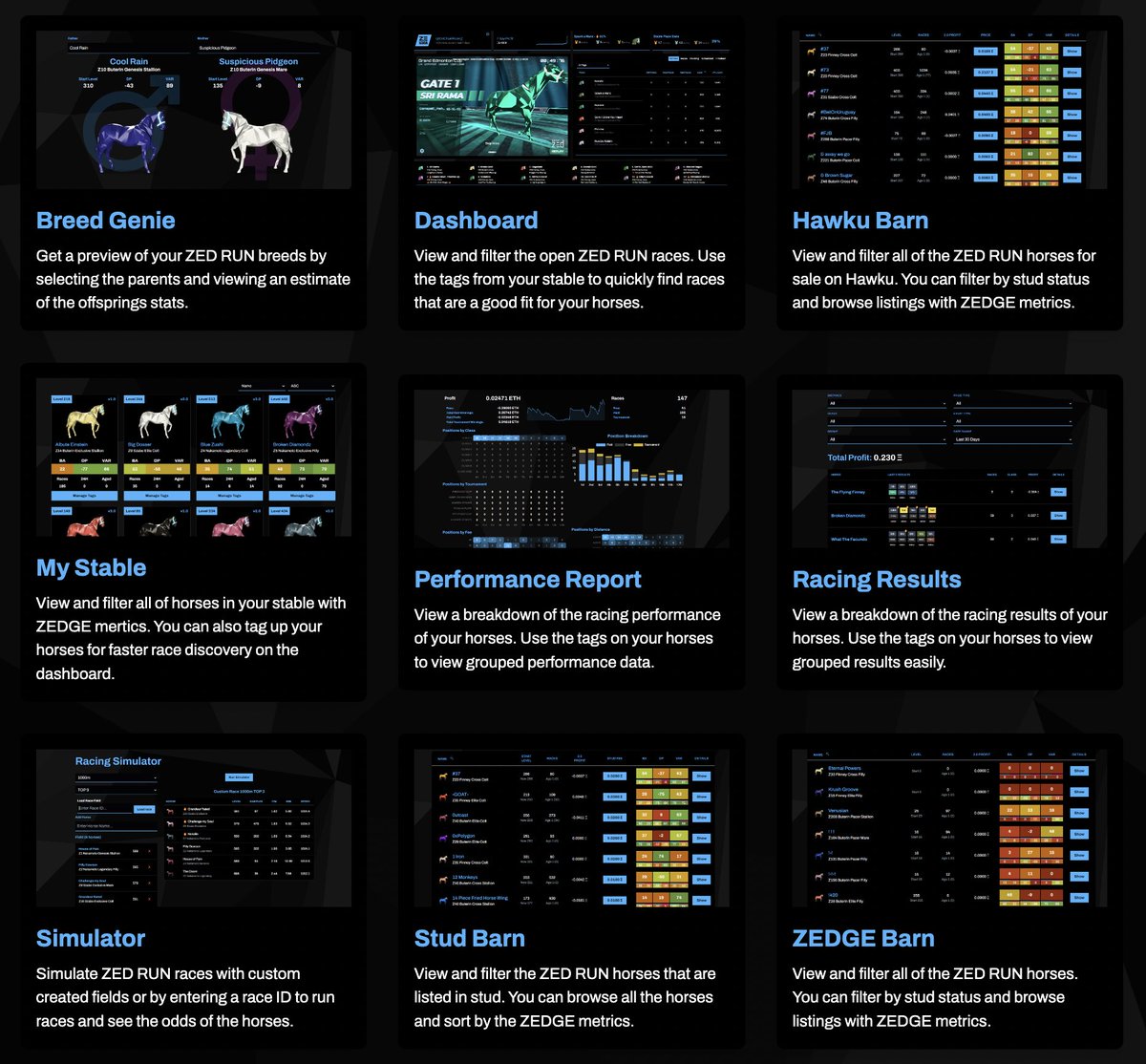 The NEW Zedge:

Stable Profit Reports ☑️
Upgraded Horse Profiles ☑️
Race Simulator ☑️
Racing Dashboard w/ Predicted Odds ☑️
Breed Genie ☑️
Breeding vs Expectation Metrics ☑️
Speed Charts ☑️ (more to come SOON)
Stud Alerts ☑️ (trait-based coming SOON)

...and more. @zed_run