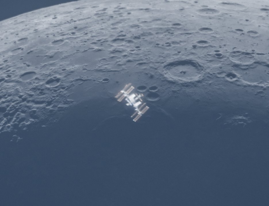 One of the most difficult shots I've ever attempted, here is the @Space_Station  captured in broad daylight as it transited the waxing crescent moon. Captured using two telescopes in tandem, This is the most detailed transit shot I've ever achieved of the ISS.
