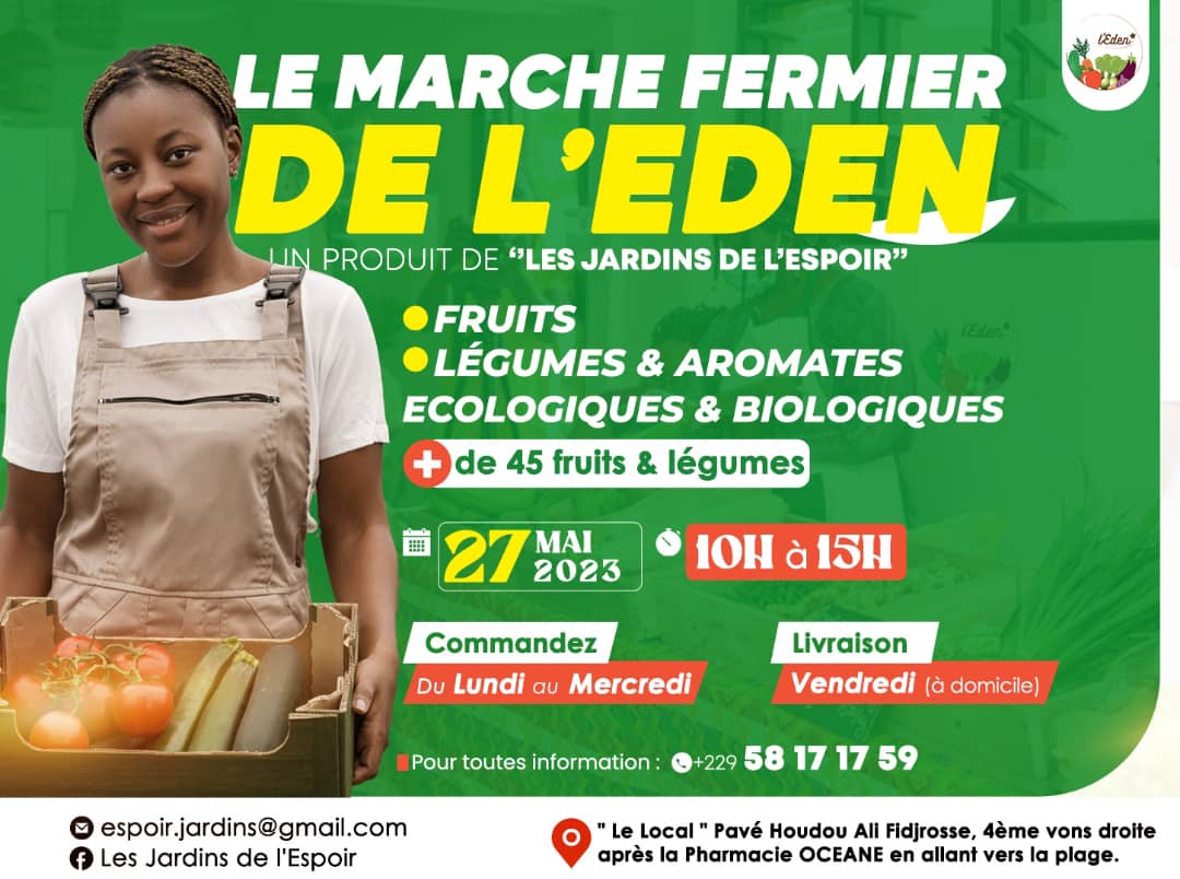 Si vous êtes à #Cotonou et environs, ne manquez pas "le marché fermier" de ce samedi. 
Venez faire le plein de légumes et aromates écologiques et biologiques pour le long weekend qui s'annonce ! 
Plus d'informations sur l'affiche ! 
<a href="/jardinsespoir/">Jardins de l'Espoir</a>
#ecologie 
#AlimentsSains