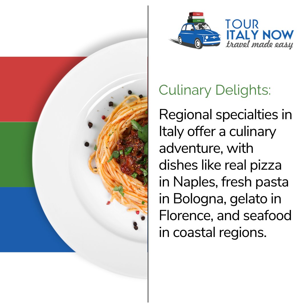 Culinary Delights:
Regional specialties in Italy offer a culinary adventure, with dishes like real pizza in Naples, fresh pasta in Bologna, gelato in Florence, and seafood in coastal regions. 
 
#travelitaly #italy #italia #travel #travelphotography #ig #travelgram #italytrip
