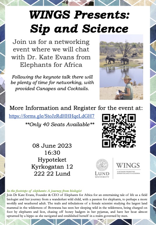 Get ready for another amazing WINGS "Sip and Science" event at Hypoteket!
Dr. Evans <a href="/elephantkate/">Kate Evans</a> will tells us about Elephants for Africa🐘 and then we will chat over some nice food and cocktails🍸. What else can we ask for?
Sign up soon👇
forms.gle/StoJzRdHHHqeLd…
<a href="/lunduniversity/">Lund University</a>
