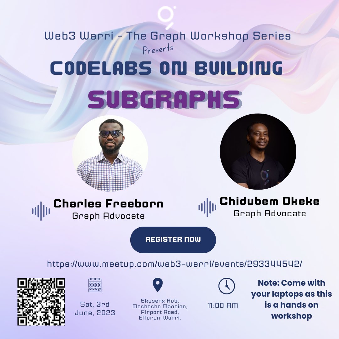 charliecodes's tweet photo. Join @chidubem_w3 and I on Saturday June 3 for @graphprotocol Workshop/Codelabs on building subgraphs

Time: 11 am

Venue: Skysenx Hub, Mosheshe Mansion, Airport Road, Effurun-Warri.

Note: come with your laptops as this is a hands on workshop

RSVP using https://t.co/KsDqwqNuwv https://t.co/danhv2RFus