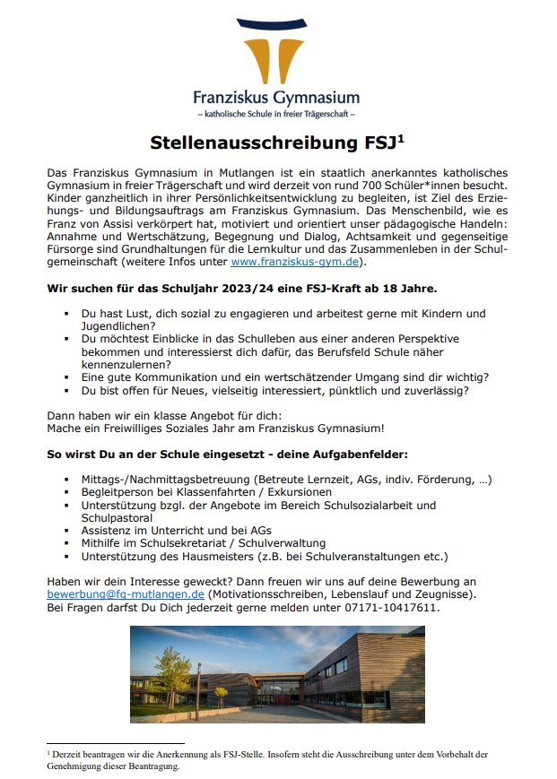 Ihr kennt junge Menschen, die sich für eine abwechslungsreiche FSJ-Stelle interessieren? Wir hätten da für das kommende Schuljahr eine anzubieten. #twlz