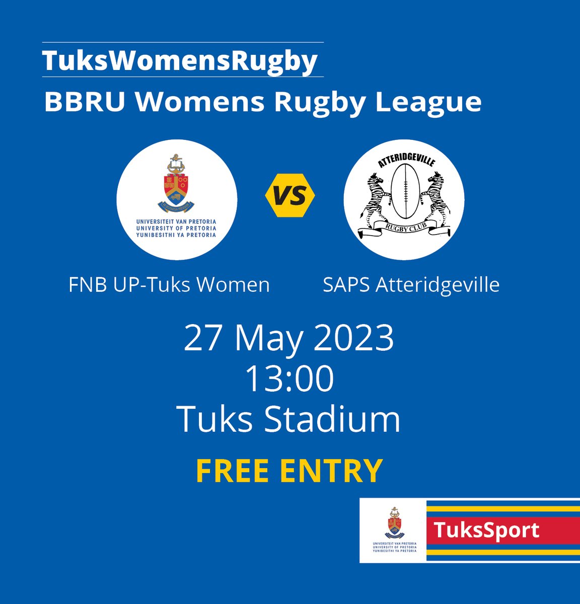 #TuksWomensRugby: MATCH OF THE 𝐖𝐄𝐄𝐊𝐄𝐍𝐃

🏆 BBRU Women's Rugby League
🏉 UP-Tuks vs SAPS Atteridgeville
🕖 1pm
🏟️ Tuks Stadium
🎫 FREE ENTRY

Important note: No alcoholic beverages and cooler boxes are allowed in the stadium

#Elevate2Greatness ⭐️💡
#StripeGeneration 🔴🔵⚪