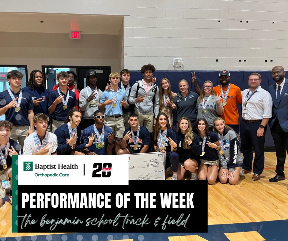 Congratulations to Benjamin Track &amp; Field for taking home their 2nd state title in a row! 🏆 

They received a $500 check courtesy of <a href="/BaptistHealthSF/">Baptist Health</a> and had it specially delivered from Reggie LaRoche, the AVP of Orthopedics and Sports Medicine at Baptist Health South Florida
