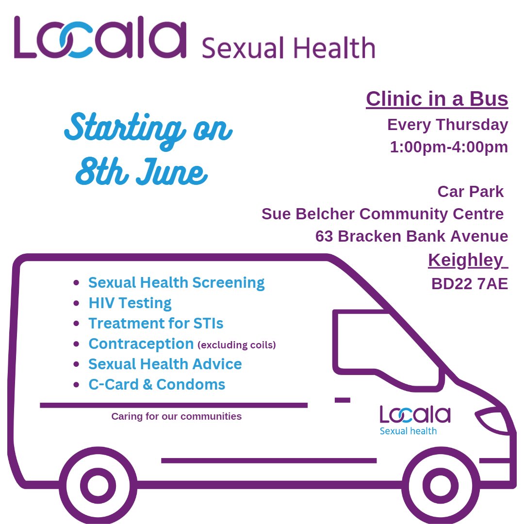 Locala_Safesex's tweet photo. 📣Starting on 8th June📣
#LocalaSexualHealth are excited to announce our new #ClinicInABus that will be heading out in #Keighley area from the 8th of June. You can find the bus parked at the address below every Thursday🙌
No appointment needed just simply hop on the bus! https://t.co/9LHMw6btSi