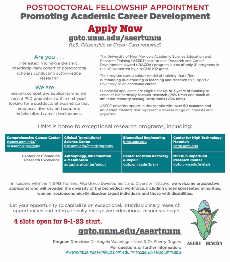 NM_INSPIRES's tweet photo. Are you a new postoc looking for a fantastic opportunity? #UNM is seeking scholars in biomedical sciences underrepresented in #STEM through its #ASERT #IRACDA #NIGMS funded #k12 program. https://t.co/q3MOvO3ZNa