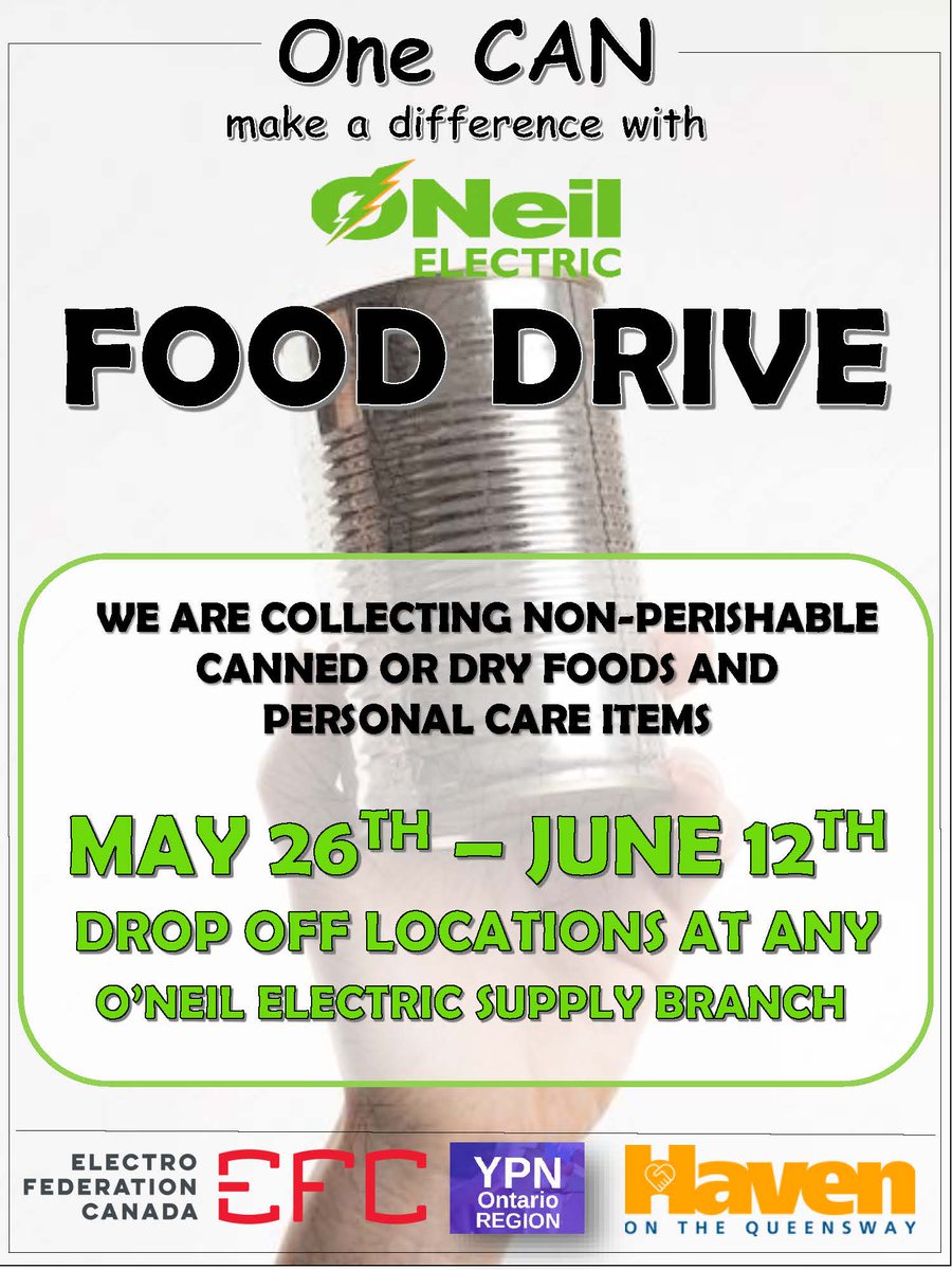 ONEILELECTRIC's tweet photo. We are pleased to present our upcoming participation in the @EFC_Tweets #YPN (#Electrofed Young Professional Network) #FoodDrive for @HavenontheQ.
#donate #helpout #electrical #lighting #woodbridge #scarborough #cambridge #gta #toronto #waterloo #kitchener #oneil #oneilelectric https://t.co/UjUZrUYD7a