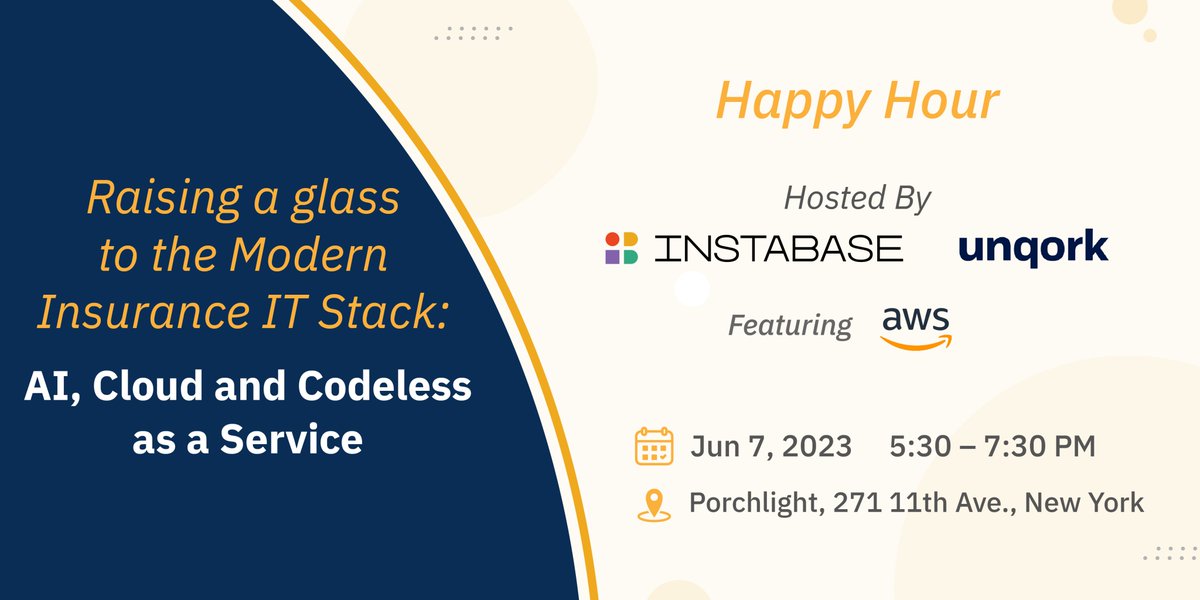 InstabaseInc's tweet image. Join us at #InsurtechWeek NYC for an engaging #HappyHour hosted by @InstabaseInc, @Unqork, featuring @AWScloud. Wed. 6/7, at 5:30 PM at @PorchlightBar, 271 11th Ave. Mix and mingle as we share new opportunities in #insurtech. RSVP today. #ITWNewYork
eventbrite.co.uk/e/raise-a-glas…