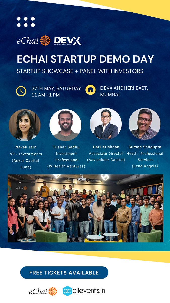 jatin10's tweet photo. The Mumbai edition of eChai Startup Demo Day is happening tomorrow morning (27th May, Sat) @DevX_Work Andheri East from 11 am to 1 pm.

We'll also be joined by Naveli Jain (@ankurcapital), Tushar Sadhu (W Health Ventures), Hari Krishnan (@AavishkaarVC) and @ssg1212 (@LeadAngels) for the panel with investors and enablers.

🆓🔗 https://t.co/NdGhRXai8u
