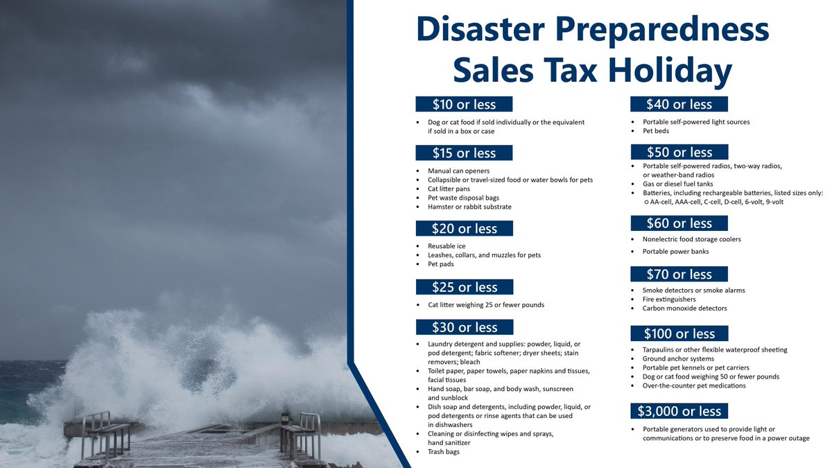 TheGatewayClub's tweet photo. Save on hurricane supplies. Purchase needed items during sales tax holiday this weekend.  https://t.co/jjWHyWpql2 https://t.co/s3XsFzdnyd