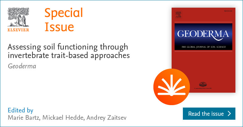 Discover this recently published special issue from Geoderma: Assessing soil functioning through invertebrate trait-based approaches. Edited by Marie Bartz, Mickael Hedde, Andrey Zaitsev. Read open access sciencedirect.com/journal/geoder… @Geoderma_Jrnl, @MLCBartz #SoilFunctioning