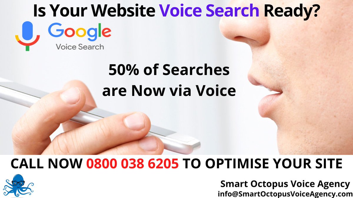 Is Voice Searching losing you sales?  Most websites are not optimised for Voice Search! 50% of searches are now via Voice!  Call us on 0800 038 6025  to increase your traffic flow  #marketing #sme #smallbusiness #voicesearch #voicesearchoptimisation #VSEO #smartoctopusvoiceagency