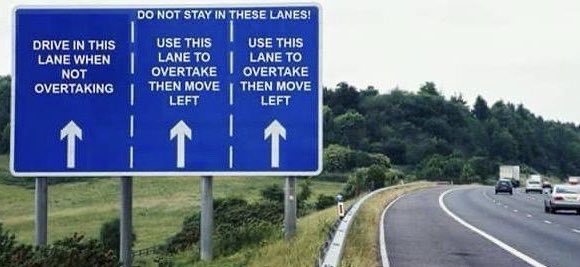 The arrow is pointing to lane 1 of a motorway. 

You ARE ALLOWED drive in lane 1.

Unfortunately, many people don’t use lane 1  - but you should. Lane hogging causes congestion. 

Keep left unless overtaking. 

Lane hogging - frustrating, dangerous &amp; illegal. 

#RoadSafety