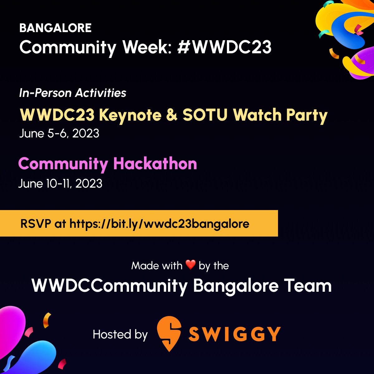 Hello Bengaluru! 👋 We're back with our annual in-person WWDC23 Keynote &amp; SOTU watch party. This year, we are hosted by <a href="/Swiggy/">Swiggy</a>🥳

Grab your seats before we fill in: bit.ly/wwdc23bangalore

Tag your friends who are excited as we are about WWDC23 &amp; make this event more eventful🚀