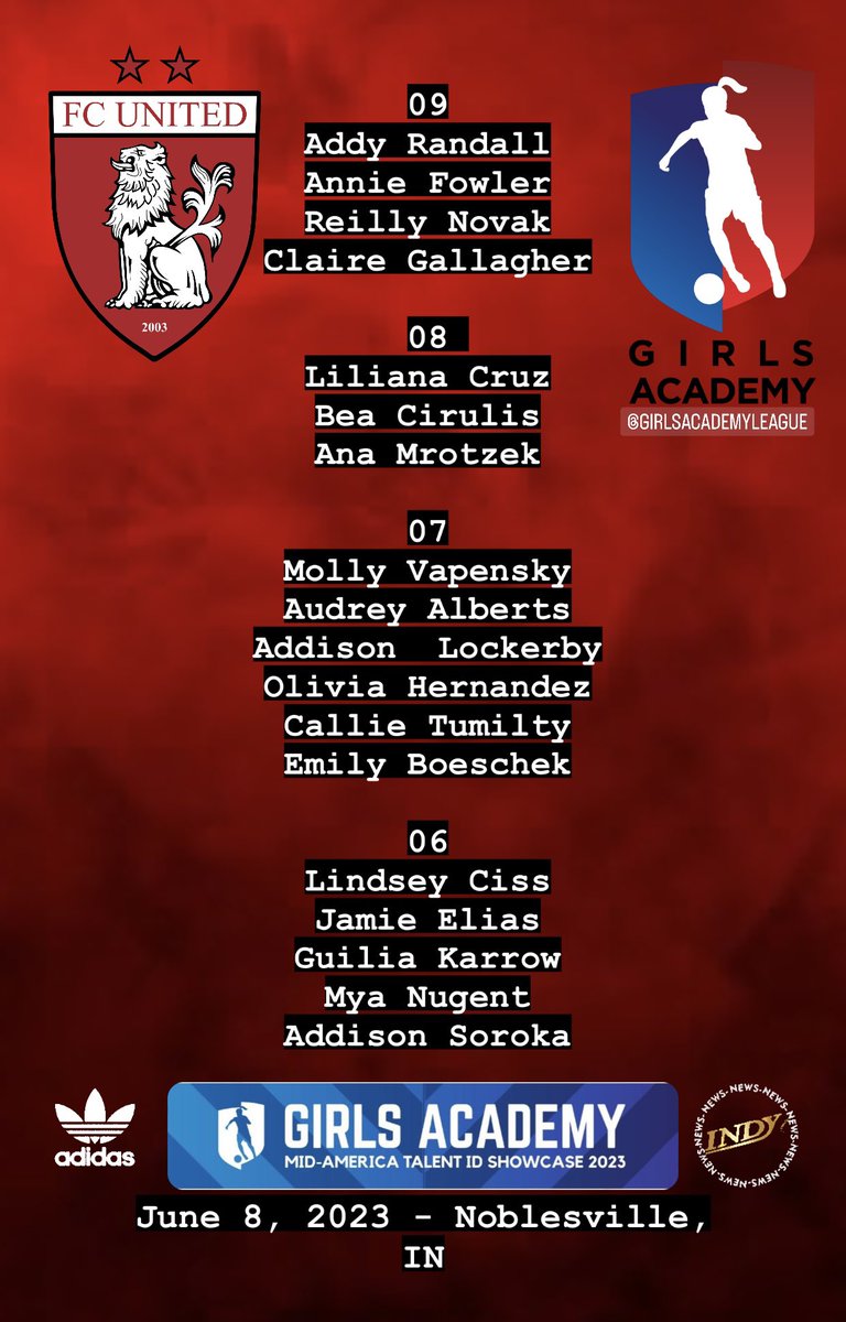 The #FCUGA players selected for the <a href="/GAcademyLeague/">Girls Academy</a> Mid America Talent ID Event happening June 8 in Noblesville, IN. Congrats girls and we appreciate you making the club proud!