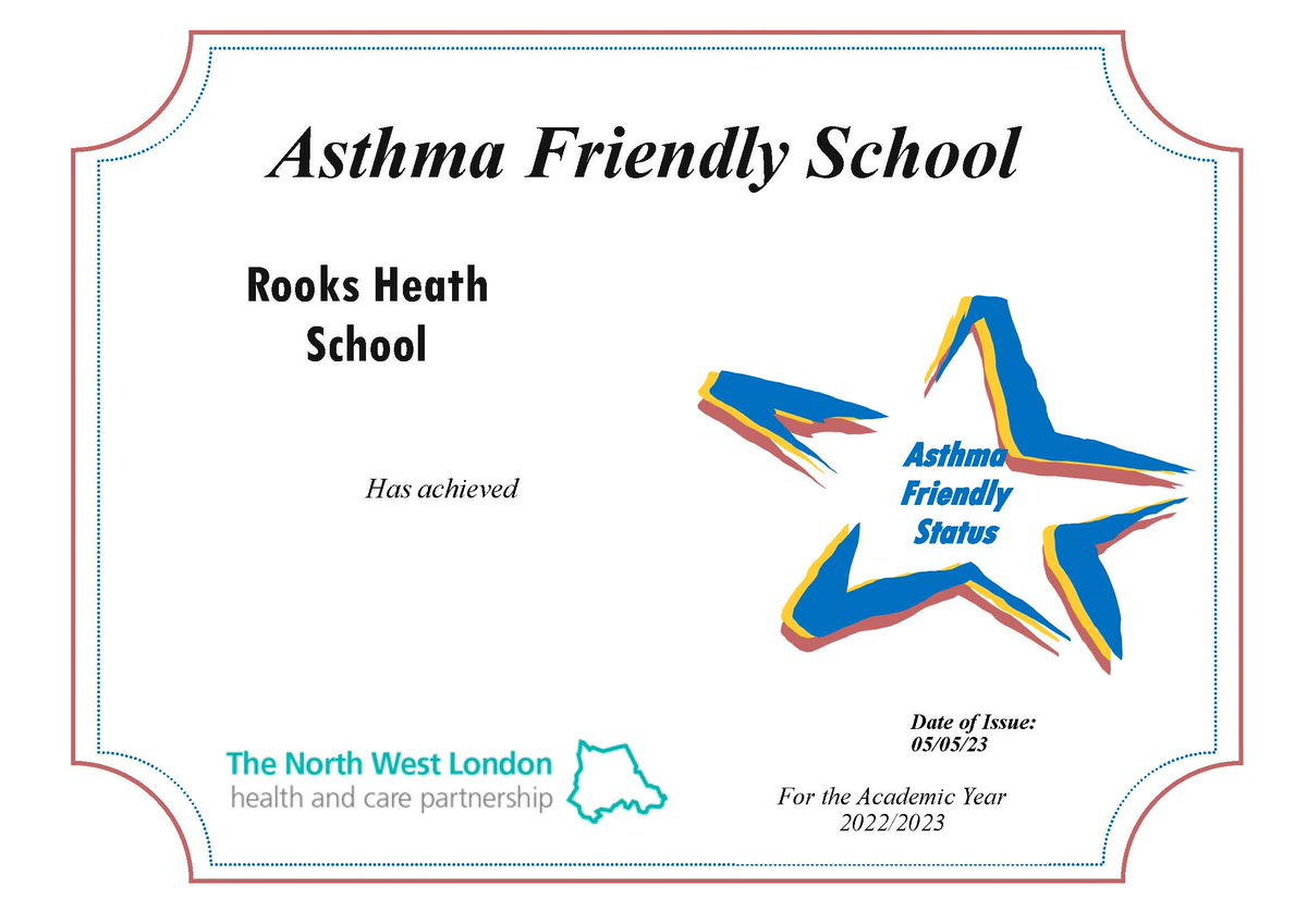 We are now an Asthma Friendly School! Congratulations to the Welfare Team on achieving the ‘Asthma Friendly Status’ for Rooks Heath. This is an amazing achievement for all involved. #asthmafriendlyschool #asthma #asthmafriendly