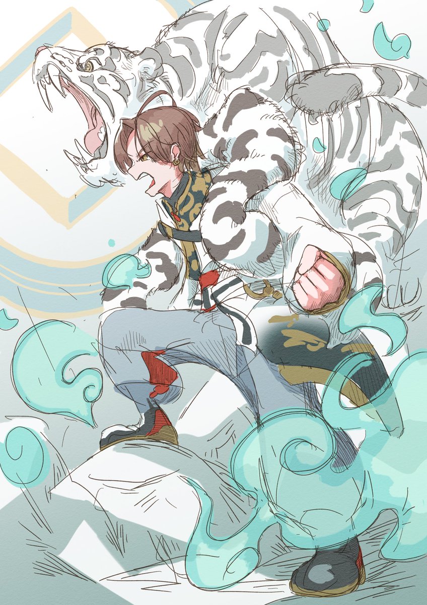 1boy tiger male focus open mouth brown hair pants coat  illustration images