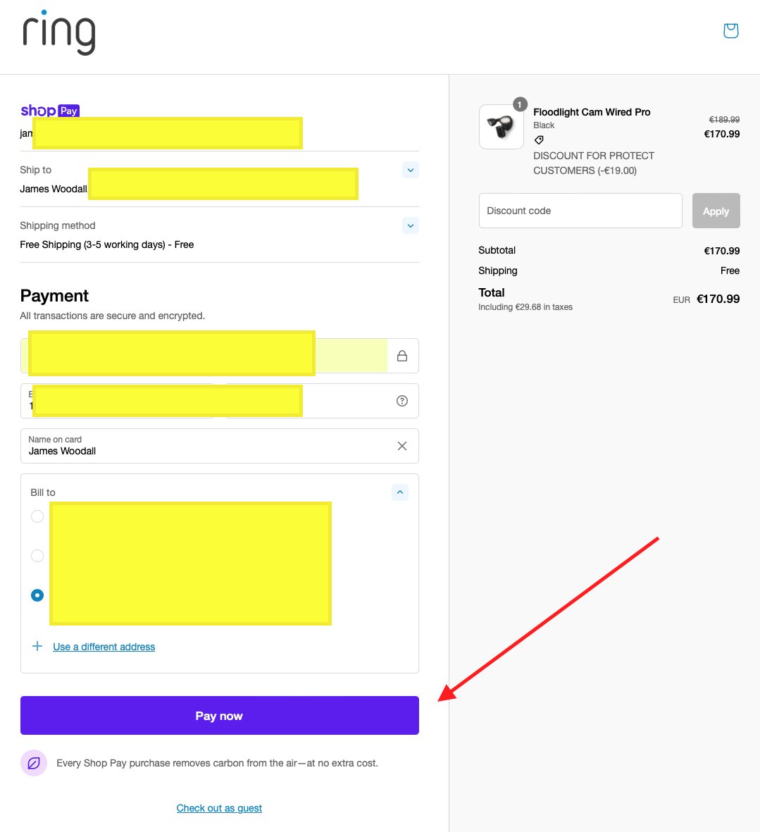 .<a href="/Shopify/">Shopify</a> unable to select "Pay Now" button on checkout page. Ring EU Store. Tried on 3 browsers, mobile and desktop.
Button is not disabled, No validation errors, just nothing happens.