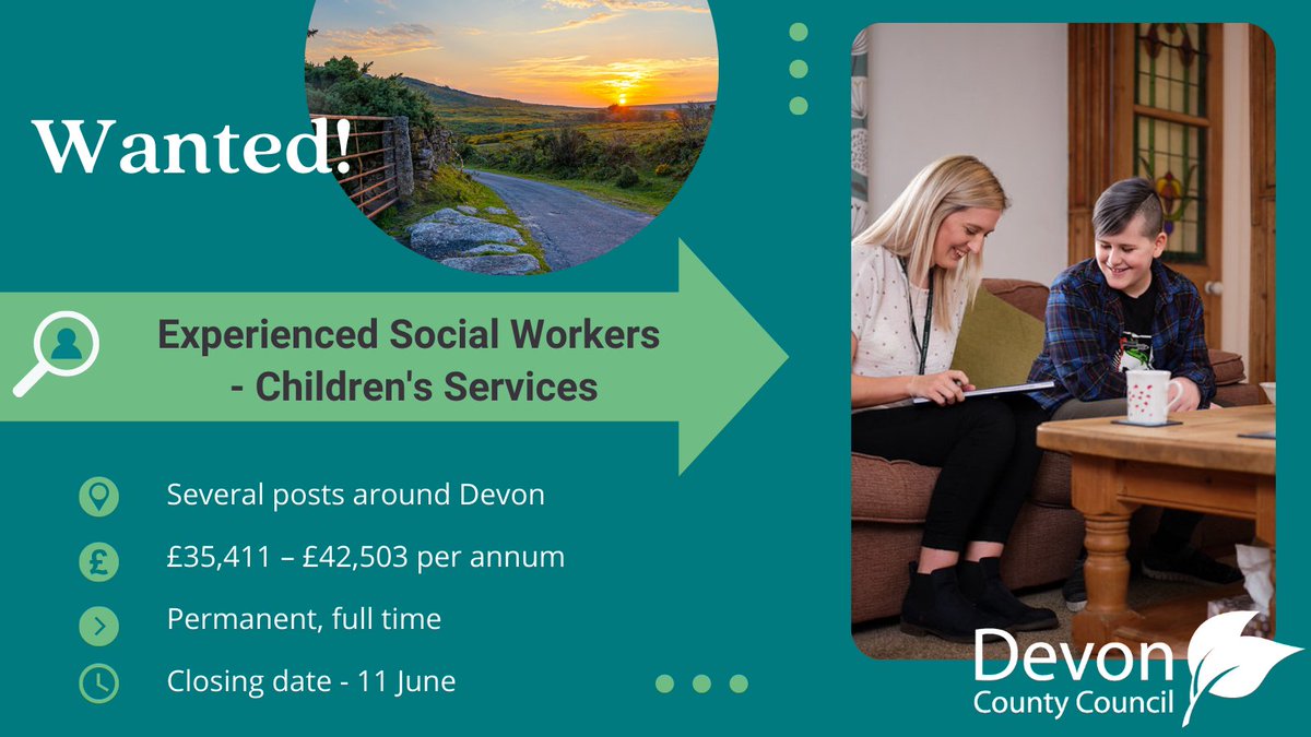 Are you an experienced social worker looking for a new challenge? We offer an attractive salary &amp; benefits, including relocation funds. So join us in sunny Devon &amp; get the work-life balance you're dreaming of! Go to: devon.gov.uk/workingfordevo… #socialwork #DevonJobs  #careergoals