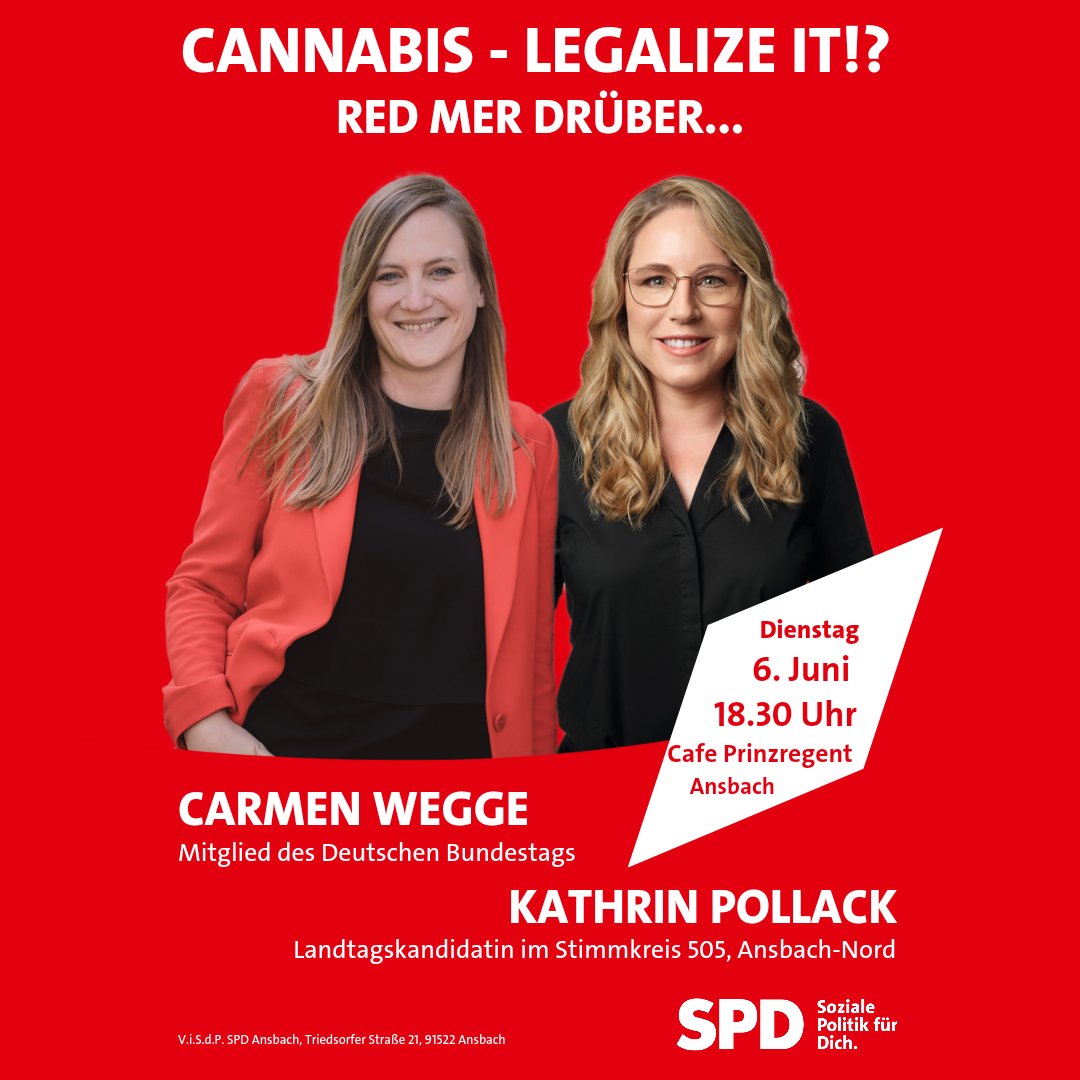 Cannabislegalisierung - Einstieg in die Drogensucht oder längst überfällige Entkriminalisierung? Darüber wollen wir reden! Am 06. 06. in Ansbach. Über die verschiedenen Aspekte und Meinungen, über die Pros und Contras, über Befürchtungen und Hoffnungen.
#Ansbach #legalizeit #SPD