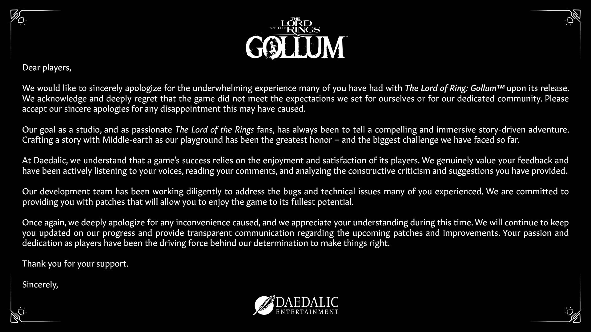 The Lord of the Rings: Gollum Game Developer Apologizes