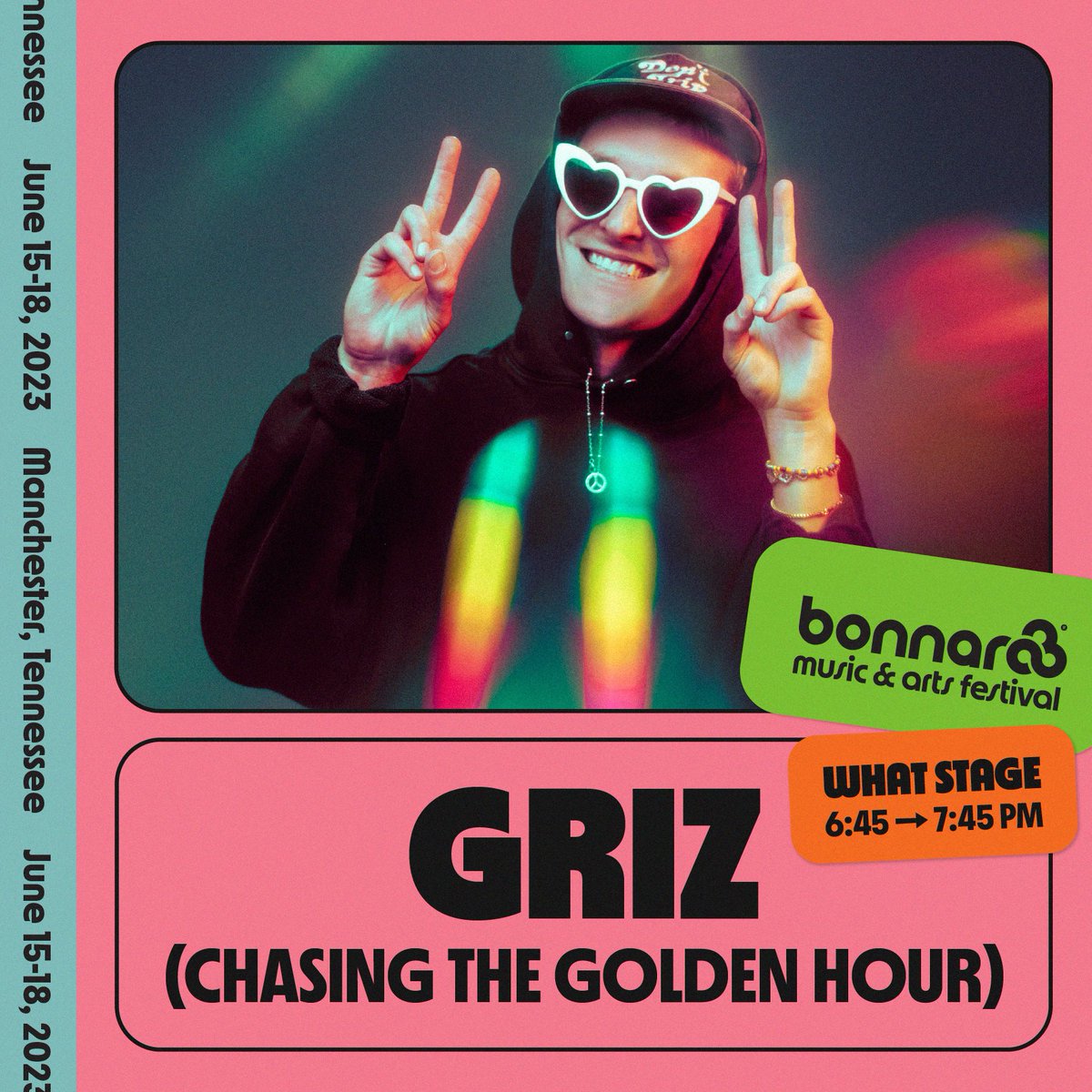 Bonnaroo's tweet photo. the rumors are true! gear up for an extra @Griz set (Chasing the Golden Hour) at the what stage saturday night of #bonnaroo 😎😎😎 https://t.co/h3qHzKZXFA