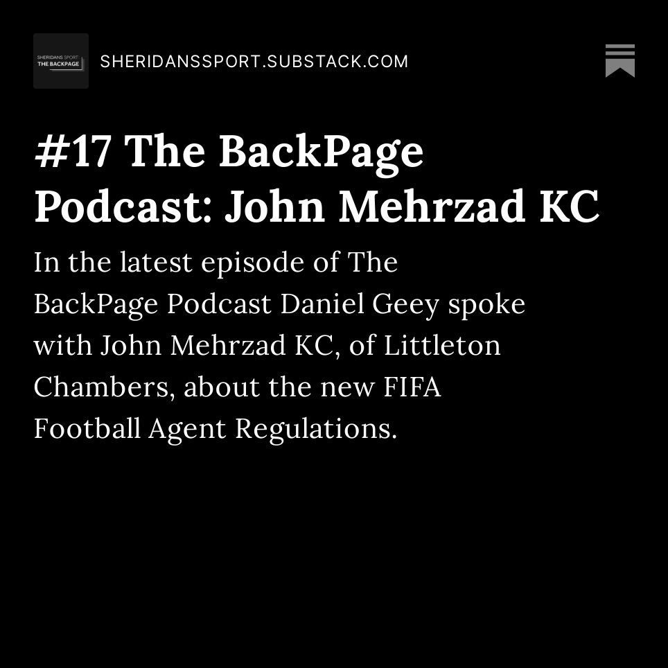 🚨New episode of The BackPage podcast!🚨

<a href="/FootballLaw/">Daniel Geey ⚽️📚</a> and <a href="/JohnMehrzadKC/">John Mehrzad KC</a> sat down to discuss the possible implications of the new FIFA Football Agent Regulations. 

Thanks as always to <a href="/JohnMehrzadKC/">John Mehrzad KC</a> for his valuable insights 🙏