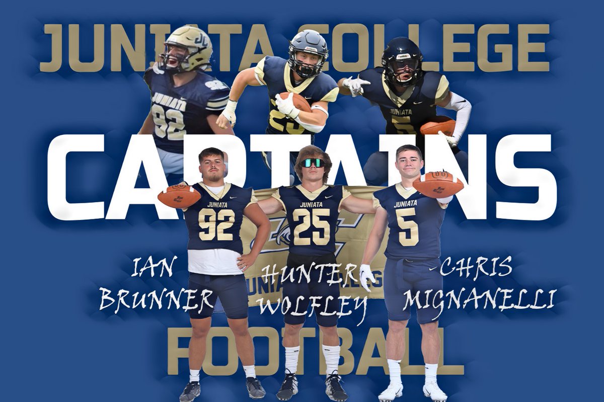 Introducing the Juniata Football 2023 Captains as voted on by their teammates! Ian Brunner - Senior, DL Chris Mignanelli - Senior, WR Hunter Wolfley - Junior, RB