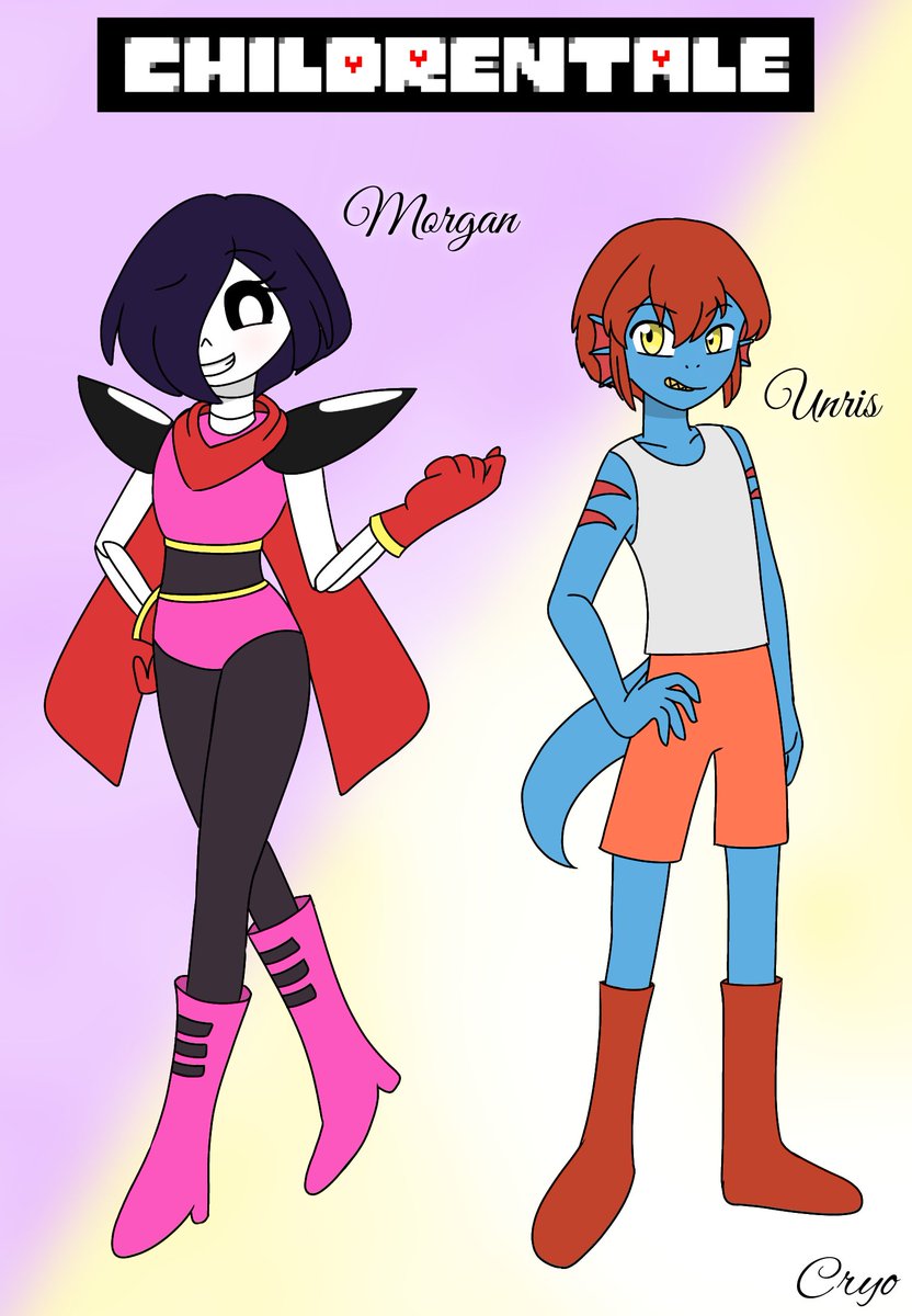 Cryocristal's tweet image. Hi, this is Morgan the daughter of Mettaton and Papyrus, and Unris the son of Undyne and Alphys #childrentale #undertaleAU