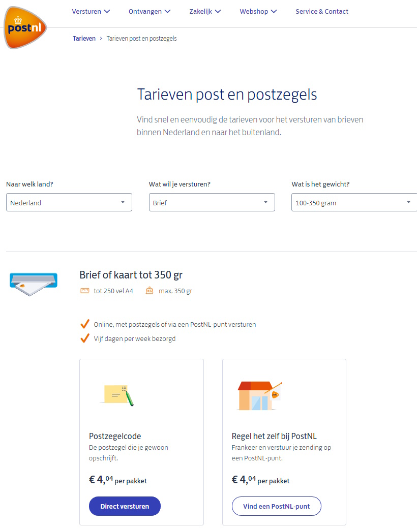 Beste <a href="/PostNL/">PostNL</a>, ik wil graag een brief van 268 gram versturen, en moet dus weten hoeveel postzegels erop geplakt moeten worden. Klopt het dat dat niet op jullie site vermeld staat? Ik zie wel tarieven, maar geen "postzegelpunten".