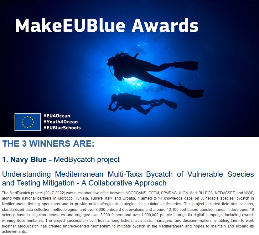 MedBycatch 🥇

Akdeniz balıkçılık faaliyetlerinde hassas türlerin zarar görmemesi ve sürdürülebilir balıkçılık için; 5 yıl uygulayıcı ortak olarak yer aldığımız “MedBycatch Project” NavyBlue ödülü aldı!

MakeEUBlue Awards, 2023

Link: maritime-forum.ec.europa.eu/en/node/10297